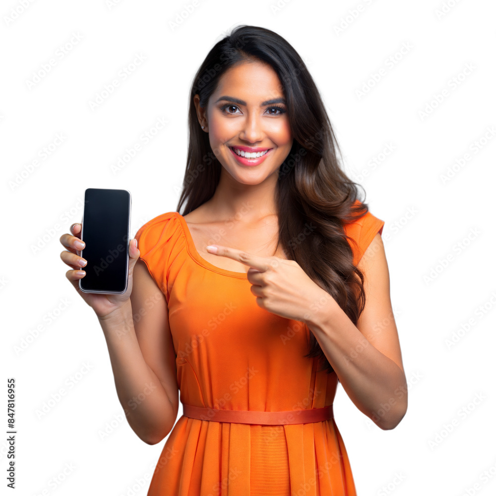 Smiling woman in orange dress pointing at smartphone Smiling woman in orange dress pointing at smartphone