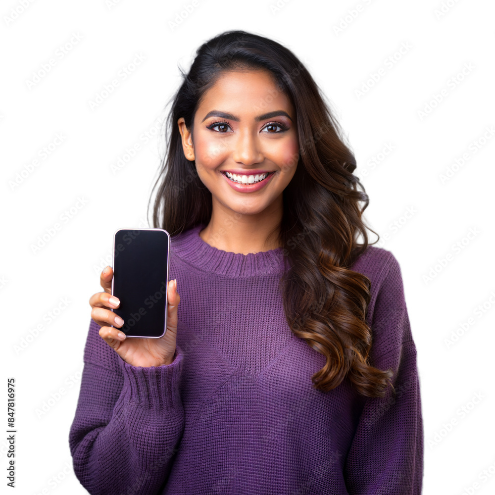 Smiling woman holding smartphone on transparent background Smiling woman holding smartphone on transparent background