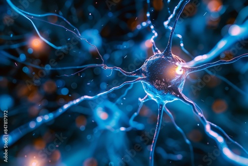 Bright blue neuron with glowing synapses, showcasing vibrant neural connections and brain activity