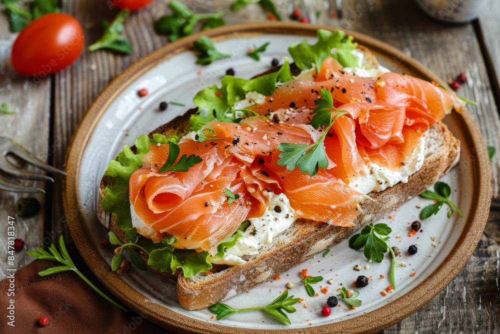 Open sandwich with salmon, cream cheese and fresh herbs on rustic bread Open sandwich with salmon, cream cheese and fresh herbs on rustic bread