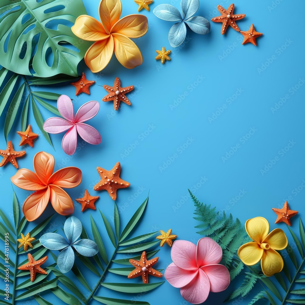 Light blue background flat design top view summer theme cartoon drawing vivid Light blue background flat design top view summer theme cartoon drawing vivid