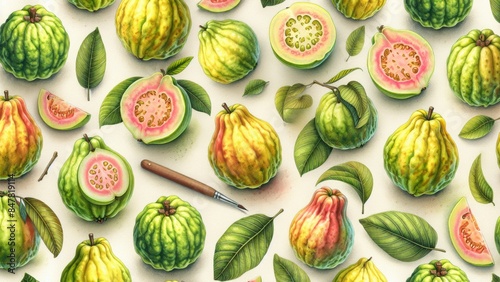 Obraz na płótnie Watercolor Guava pattern on a white background