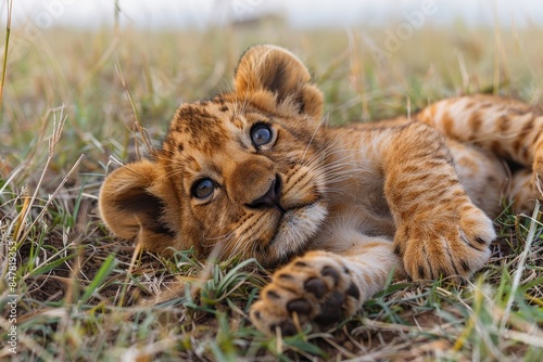 Baby Lion: A playful lion cub with big paws and a tufted tail, lying on its back in the tall grass, surrounded by the African savanna. 
