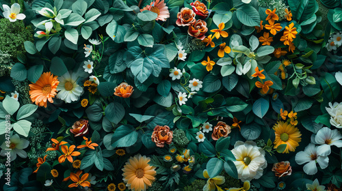 Floral art arrangement of artificial flowers with green leaves