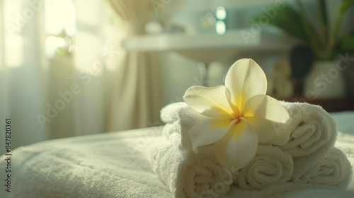 White flower on stack of towels in bright hotel room