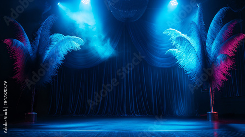 Stage with dramatic blue and pink lighting and tall feathered decorations.  Burlesque stage for dance with empty copy space