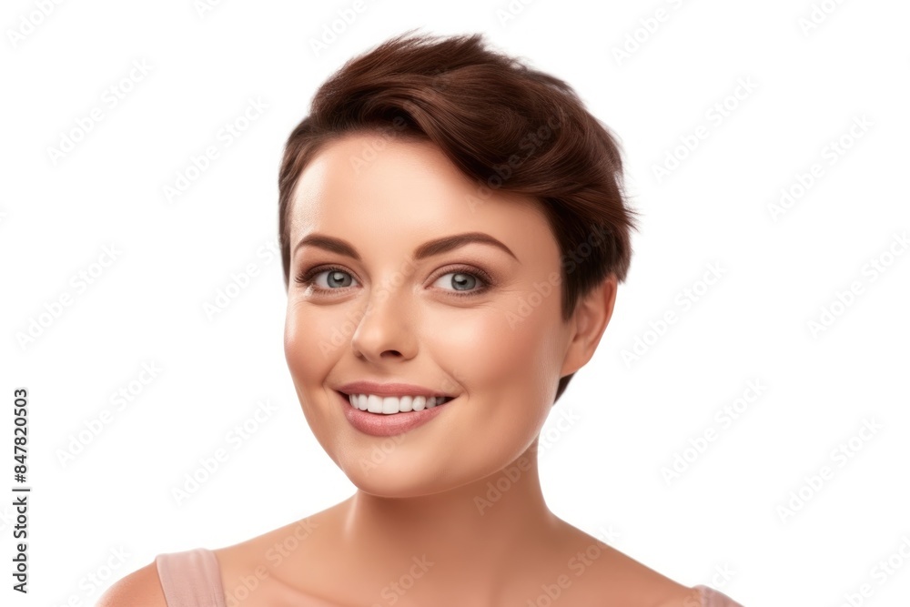 Young beautiful brunette woman with short hair and toothy smile on white background, looking at camera, close up portrait. Young beautiful brunette woman with short hair and toothy smile on white background, looking at camera, close up portrait.