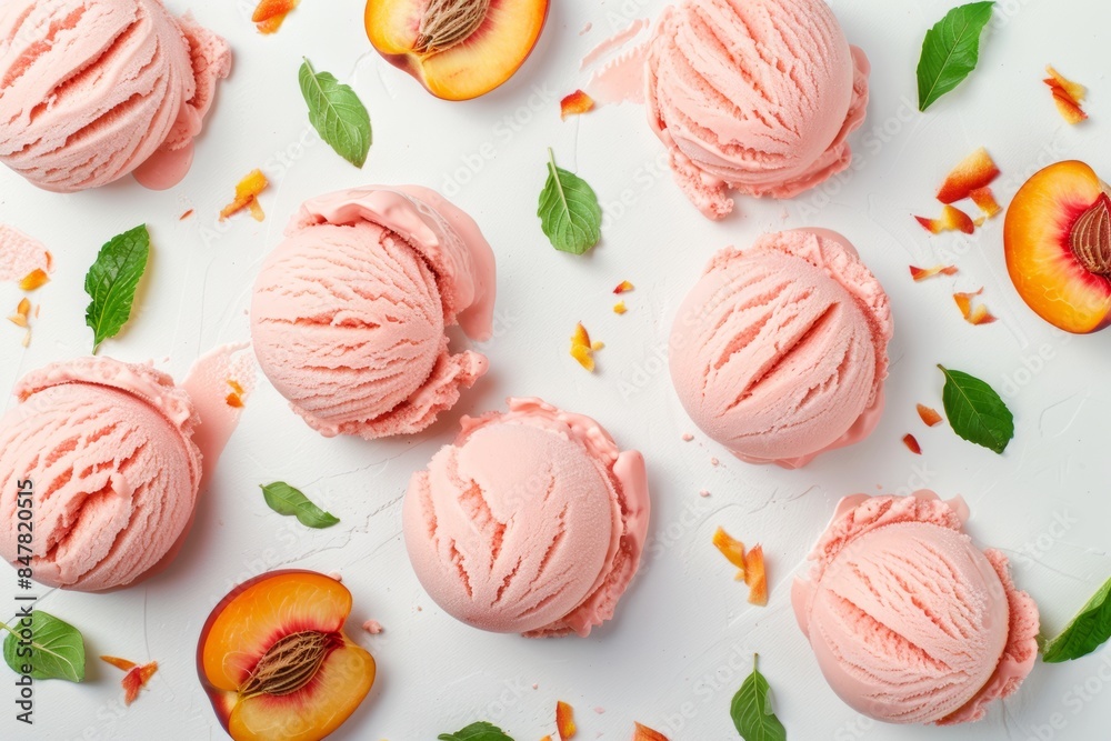 peach organic ice cream scoops flavor on white minimal background with berries and copy space peach organic ice cream scoops flavor on white minimal background with berries and copy space