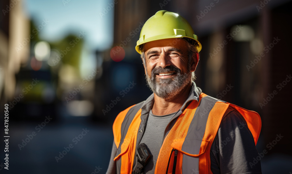 Portrait of smiling worker man in helmet. Male engineer wearing safety vest and hard hat standing in manufacturing or construction site. Positive emotion good job.