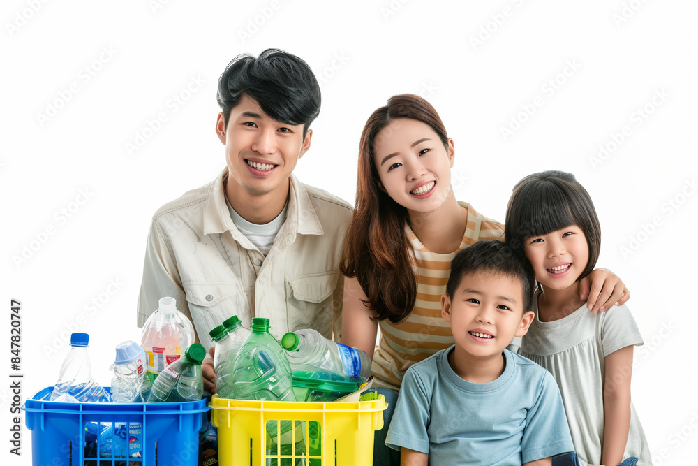 An Asian family holds a recycling bin marked with the recycle symbol, promoting environmental awareness and the importance of recycling for a sustainable future An Asian family holds a recycling bin marked with the recycle symbol, promoting environmental awareness and the importance of recycling for a sustainable future