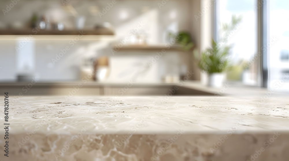 A beige marble countertop in the foreground with a modern kitchen and dining area blurred in the background for product presentation A beige marble countertop in the foreground with a modern kitchen and dining area blurred in the background for product presentation