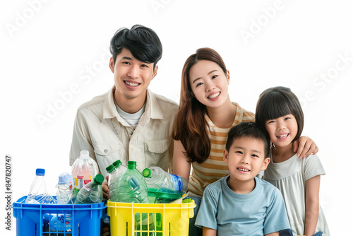 An Asian family holds a recycling bin marked with the recycle symbol, promoting environmental awareness and the importance of recycling for a sustainable future
