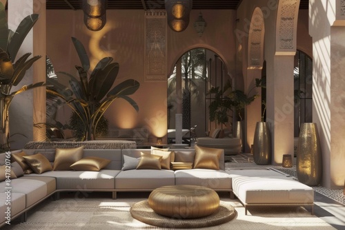 luxury moroccan riad or riyad hotel patio interior design beige golden colors photo