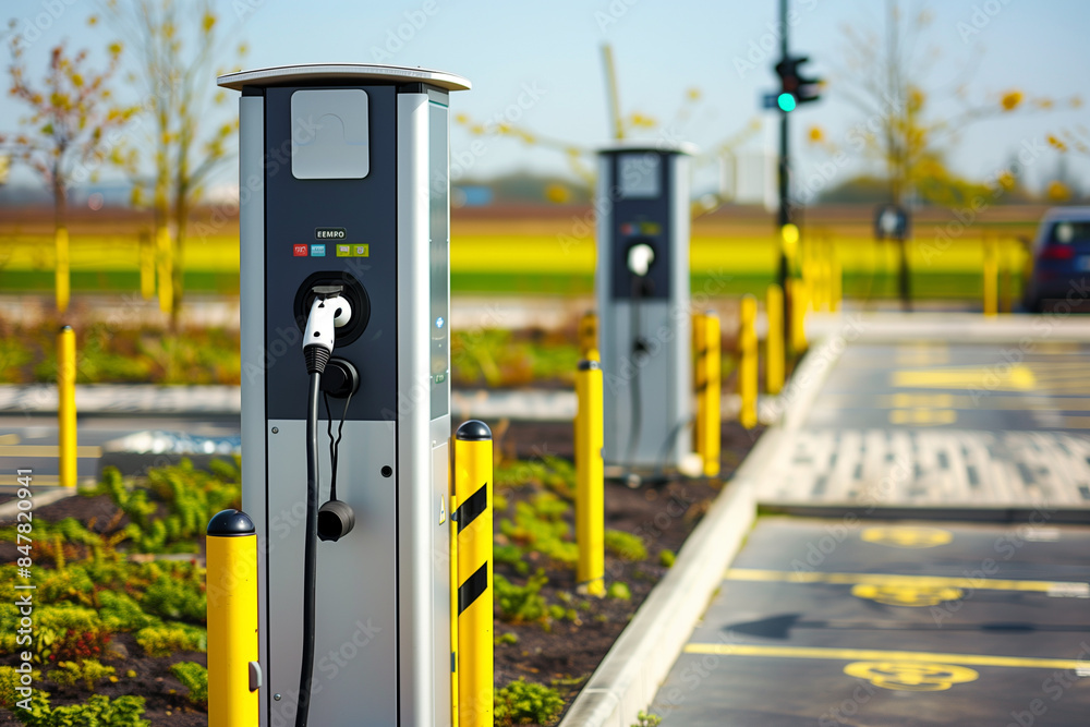 Electric Car Charging Station in Parking Lot Electric Car Charging Station in Parking Lot
