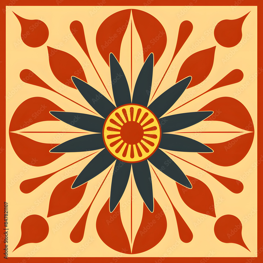 Geometric Floral Tile Pattern With Red and Blue Shapes on Beige Background