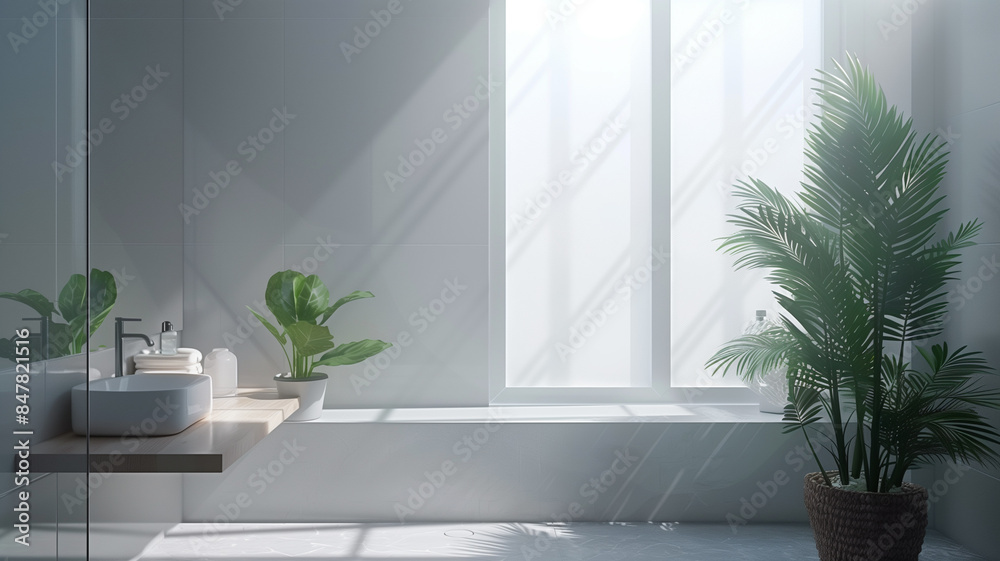 Fototapeta premium Bathroom interior with glass shower and sink, window