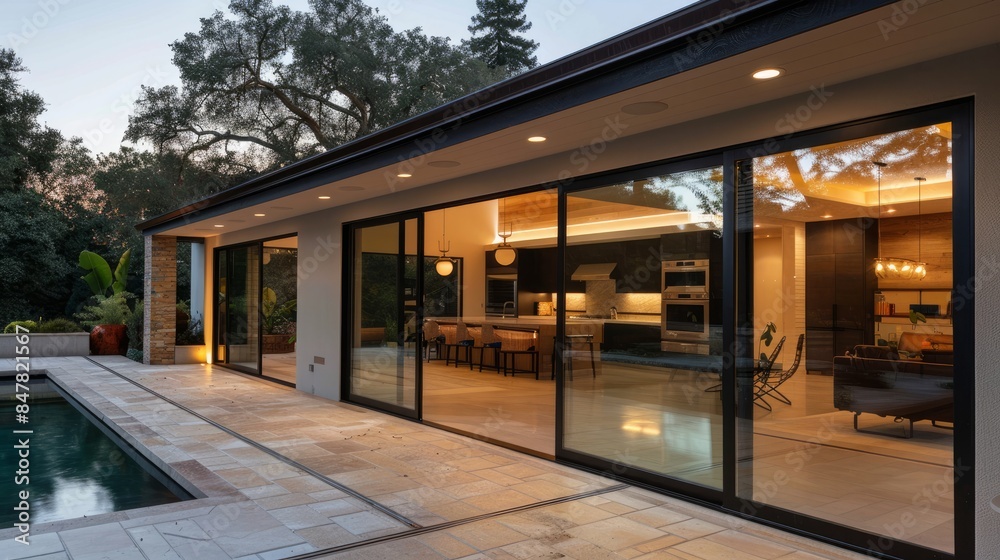 Home facade with sliding glass doors