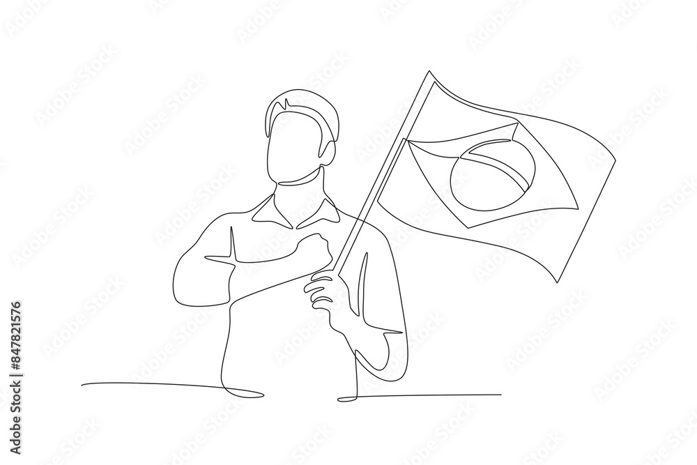 Man holding chest while holding brazil flag. Independence of brazil concept one-line drawing Man holding chest while holding brazil flag. Independence of brazil concept one-line drawing