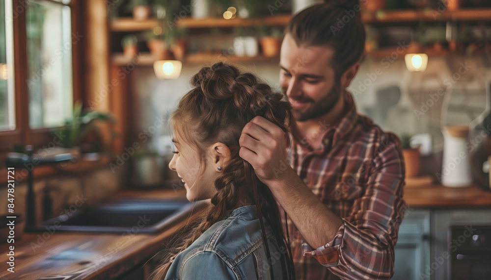 A single father braiding his daughter's hair in a cozy home setting, singlefather, braidinghair, cozyhome A single father braiding his daughter's hair in a cozy home setting, singlefather, braidinghair, cozyhome