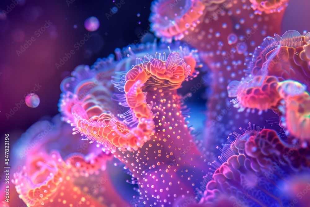 Naklejka premium Microbiome macro colorful shot closeup under microscope. Science and biotech pharma research.