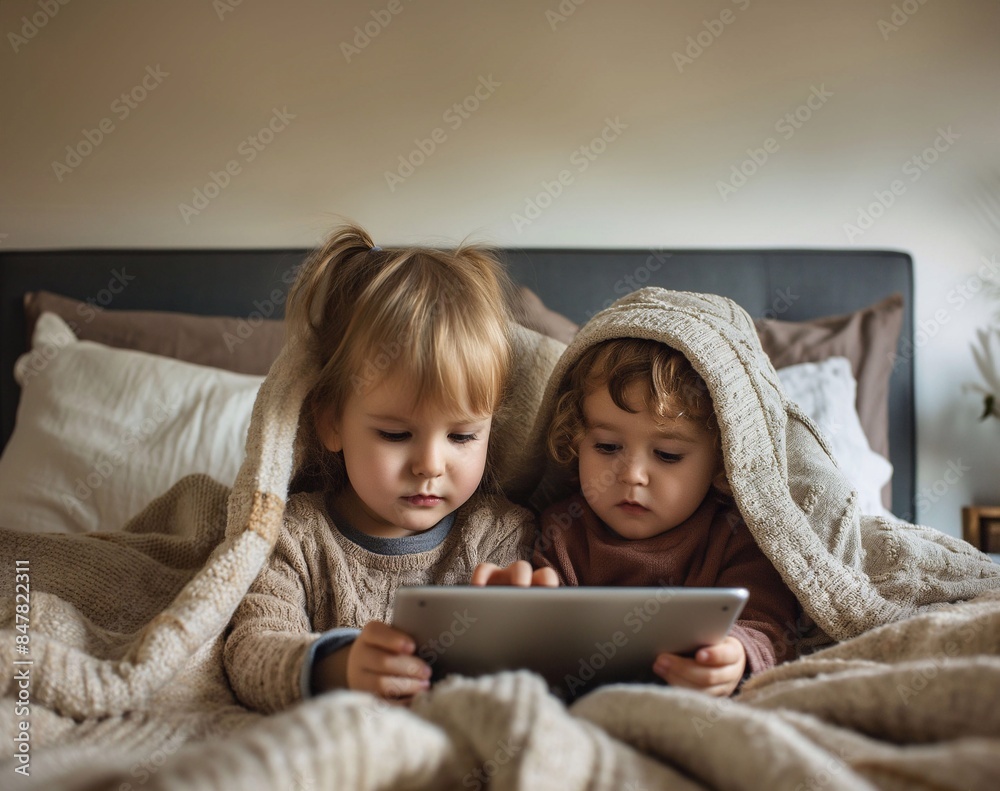 Child playing on tablet in bedroom in a cozy house generative ai Child playing on tablet in bedroom in a cozy house generative ai
