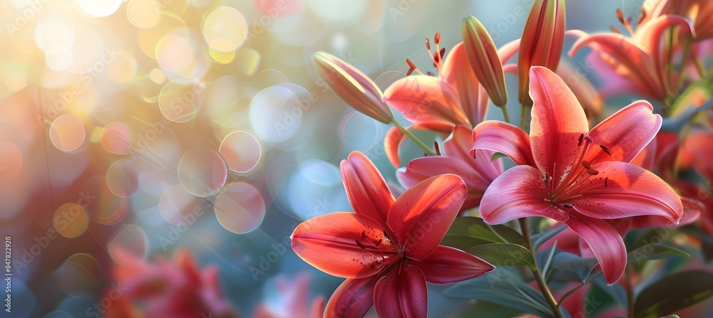 Red lily flowers on a blurred background. Banner with space for your text. Red lily flowers on a blurred background. Banner with space for your text.