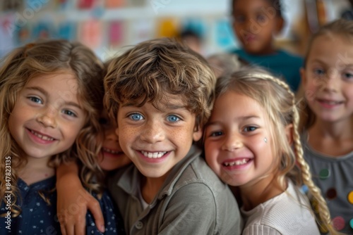 diverse kids hugging at school and posing for photo. Inclusive education banner, candid moment.	