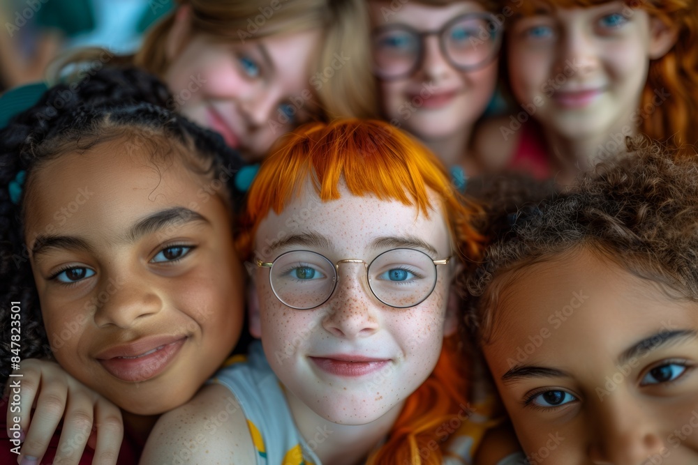 diverse kids hugging at school and posing for photo. Inclusive education banner, candid moment. diverse kids hugging at school and posing for photo. Inclusive education banner, candid moment.