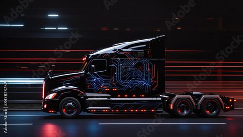 A black semi-truck with blue and red glowing circuit board patterns on its side.


