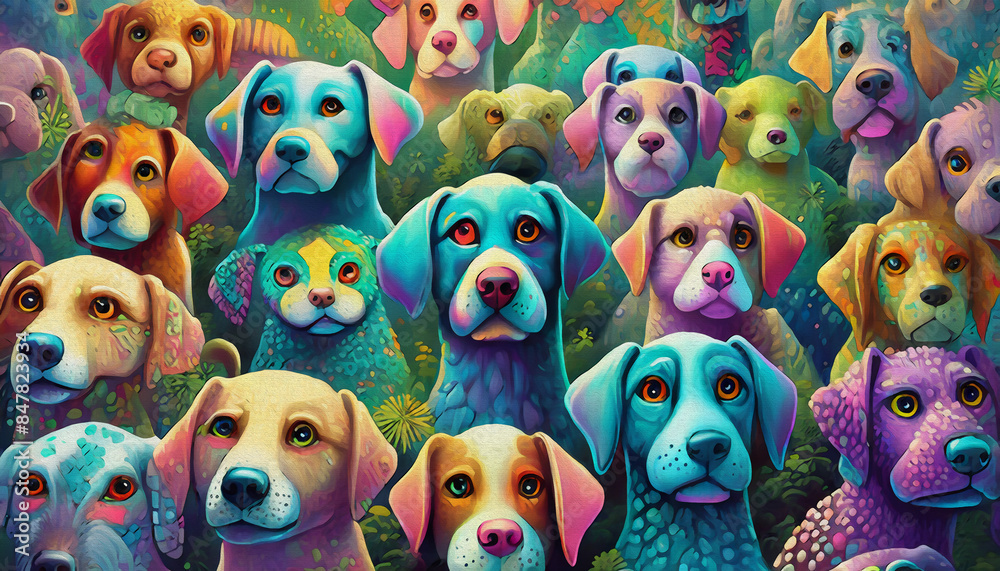 Fototapeta premium oil painting style cartoon character illustration multicolored dog heads