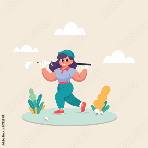 illustration of a woman playing golf on a green field. Flat design style characters