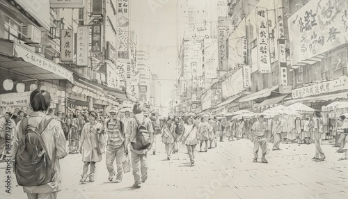 A detailed sketch of a busy Asian street market scene, capturing the hustle and bustle of everyday life.