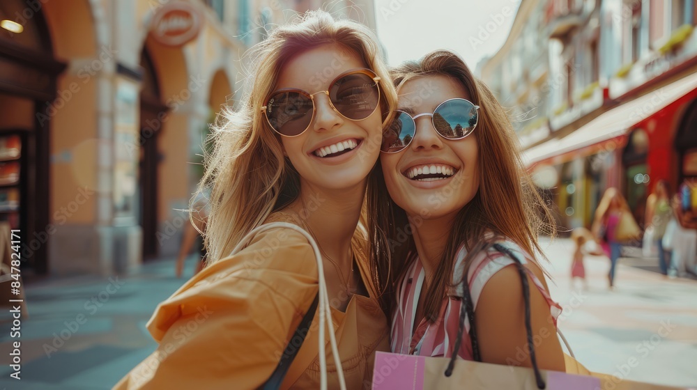 Two happy girlfriends smiling while standing with shopping bags near shopping mall Two happy girlfriends smiling while standing with shopping bags near shopping mall