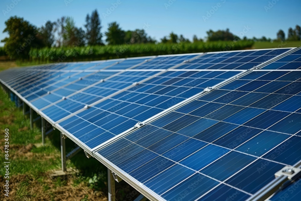 Array of blue solar panels in a green field under a clear sky, harnessing renewable energy from sunlight in a sustainable manner. Array of blue solar panels in a green field under a clear sky, harnessing renewable energy from sunlight in a sustainable manner.