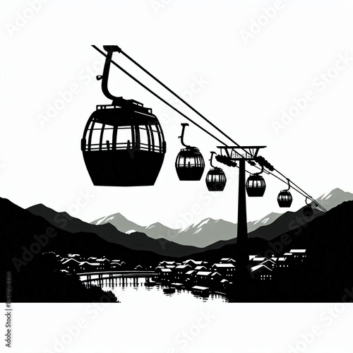 A silhouette illustration of a cableway gondola.