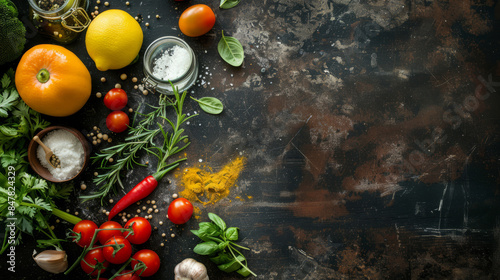 Overhead view of fresh ingredients on rustic table