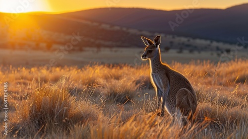 Fototapeta Naklejka Na Ścianę i Meble -  A kangaroo is standing in a field of tall grass