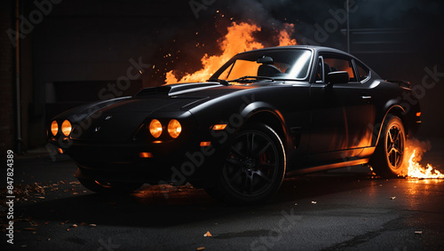 A black semi-truck with blue and red glowing circuit board patterns on its side.
