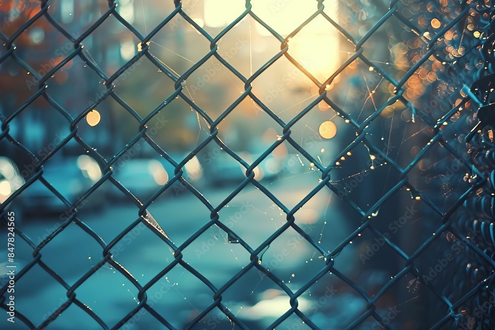 Fototapeta premium Close-up of a chain-link fence with blurred urban background and sunset light, capturing the essence of city life and confinement.