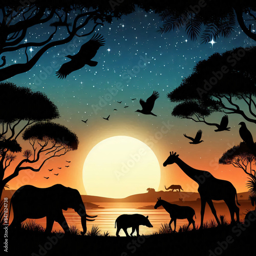 A silhouette illustration of a wildlife conservation scene.
