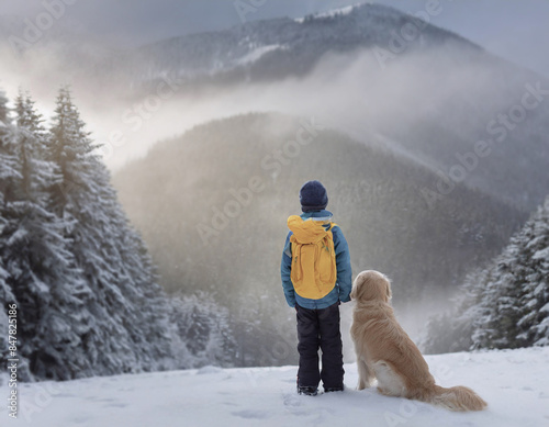 rear view of boy standing and golden retriever dog sitting looking towards mountains and trees in cold snowy winter weather