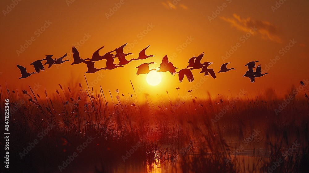 A flock of birds flying in the sky above a sunset A flock of birds flying in the sky above a sunset