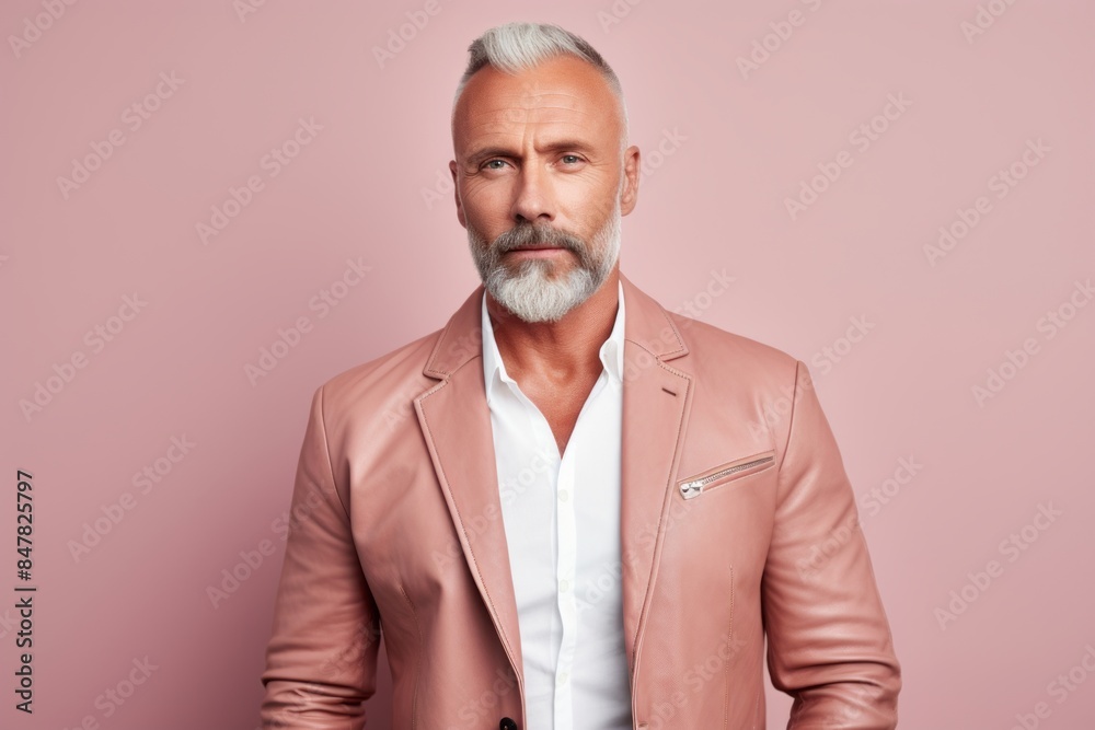 Portrait of a glad man in his 40s sporting a stylish leather blazer isolated in pastel or soft colors background Portrait of a glad man in his 40s sporting a stylish leather blazer isolated in pastel or soft colors background