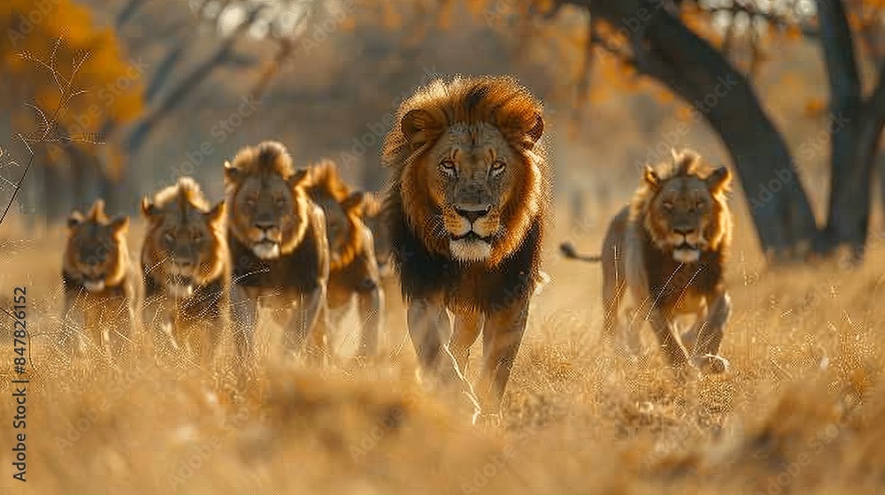 Male Lion Leading Pride on Hunt across Dry Savanna, Wildlife Photography Male Lion Leading Pride on Hunt across Dry Savanna, Wildlife Photography
