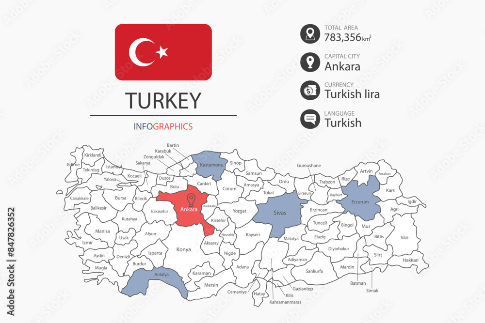 Naklejka premium Turkey map infographic elements with flag of city. Separate of heading is total areas, Currency, Language and the capital city in this country.