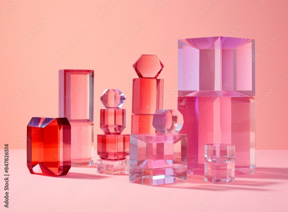 Collection of various pink glass objects on a pink background. Collection of various pink glass objects on a pink background.
