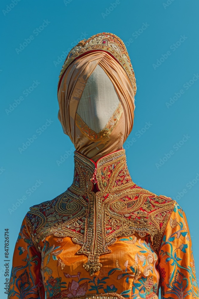 Obraz premium A faceless figure wearing a traditional, colorful embroidered outfit with a turban, set against a clear blue sky. Unique cultural depiction.