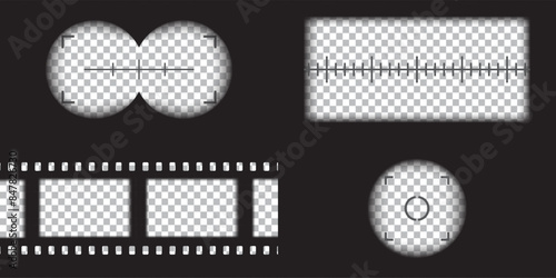 Video camera, binocular and camera roll viewfinder overlay. Camera and binocular frame vector template. Black lines on transparent background. 
