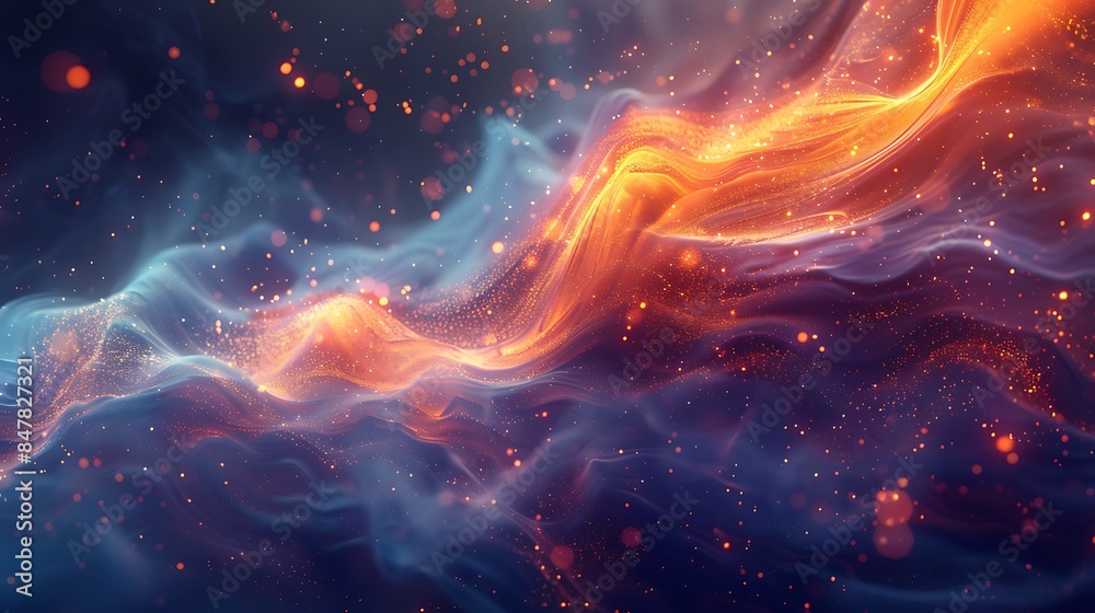 colorful particles swirling and twirling on a solid background.