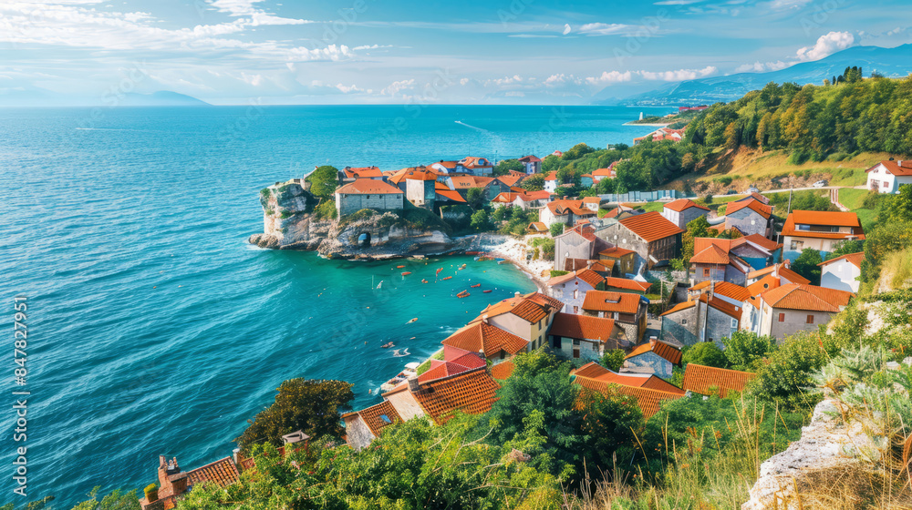 Fototapeta premium Beautiful coastal view of Piran, Slovenia with red-roofed houses